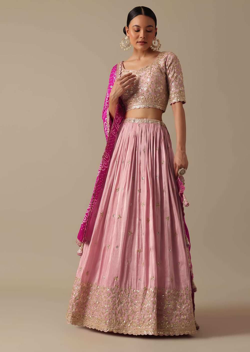 Pink Lehenga Set With Foil Mirror Embroidery