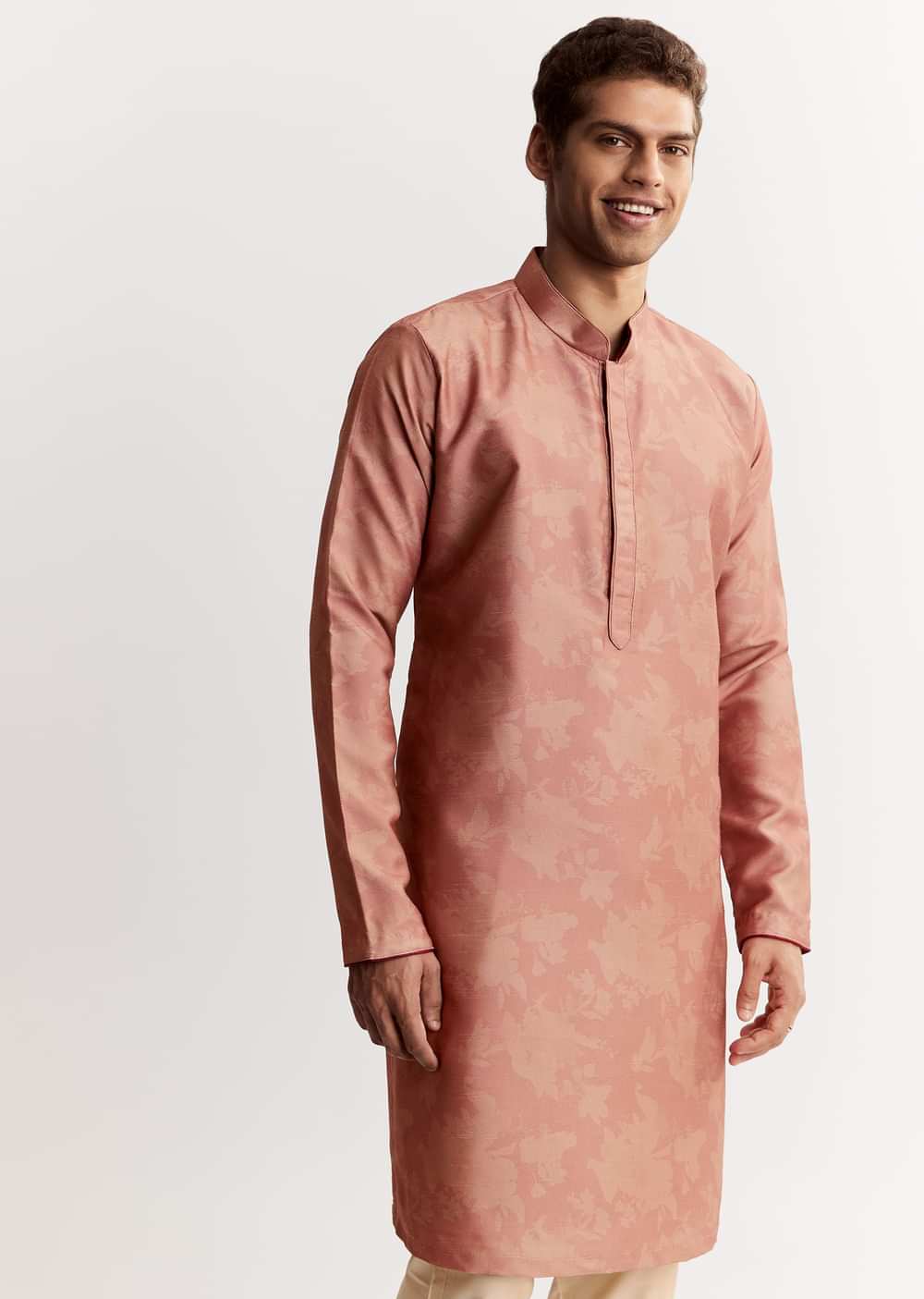 Pink Linen Floral Printed Jacket Kurta Set With Sequins