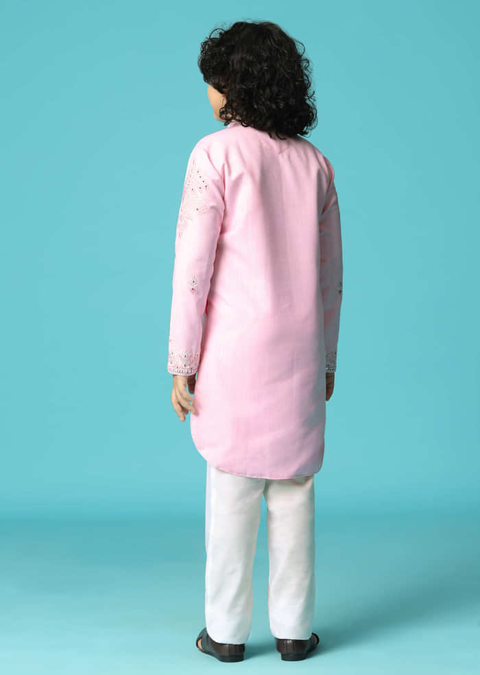 Pink Linen Kurta Pant With Resham Work For Boys