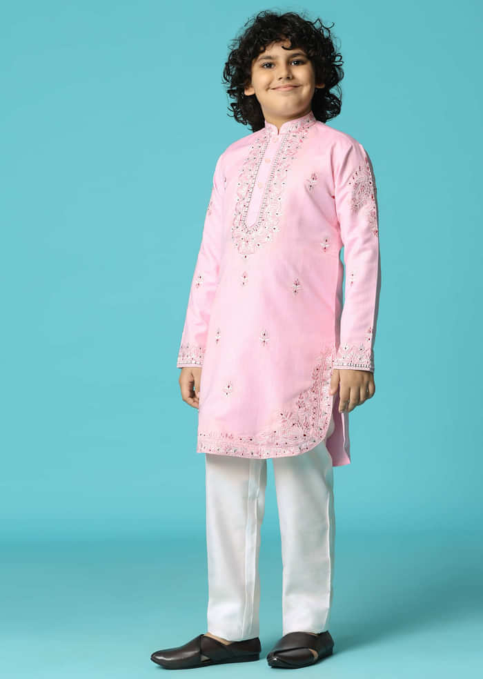 Pink Linen Kurta Pant With Resham Work For Boys
