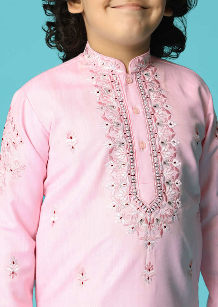 Pink Linen Kurta Pant With Resham Work For Boys