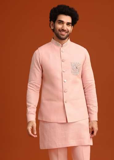 Pink Linen Zardosi Kurta Jacket Set