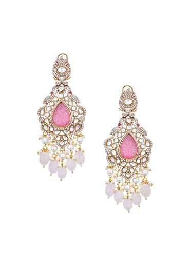 Pink Long Pendant Necklace Set With Mossanite Motif