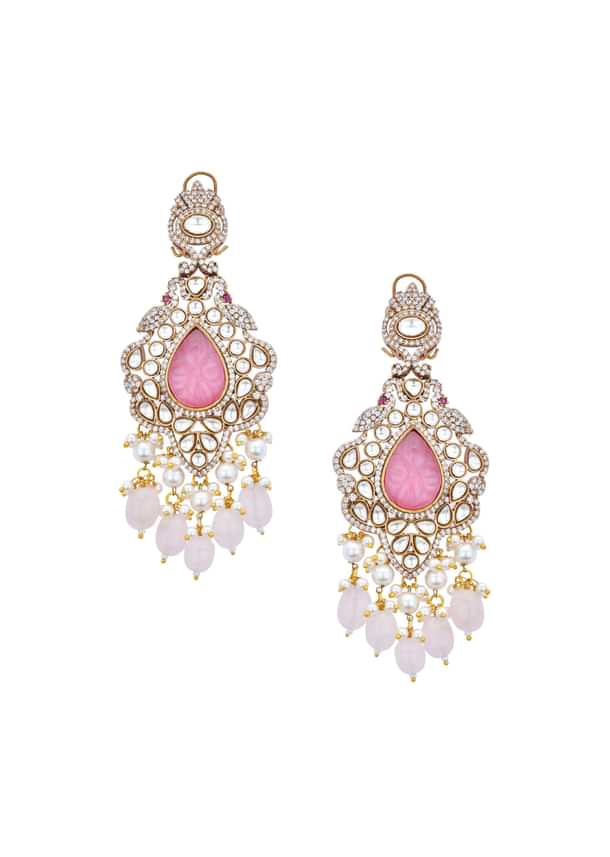 Pink Long Pendant Necklace Set With Mossanite Motif Pink Long Pendant Necklace Set With Mossanite Motif