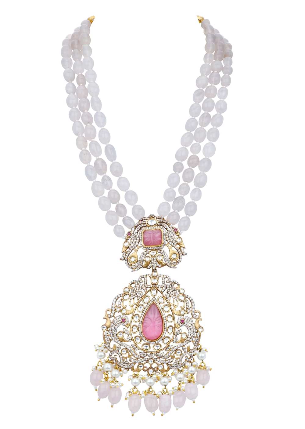 Pink Long Pendant Necklace Set With Mossanite Motif