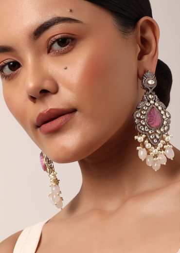 Pink Long Pendant Necklace Set With Mossanite Motif