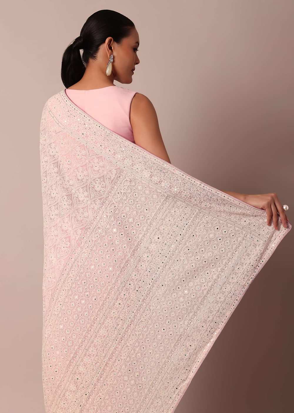 Pink Lucknowi Chikankari Saree With Sequin Embellishments