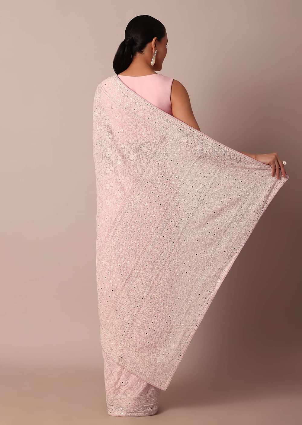 Pink Lucknowi Chikankari Saree With Sequin Embellishments