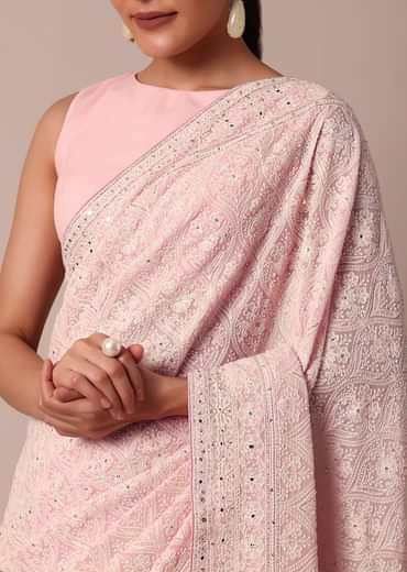 Pink Lucknowi Chikankari Saree With Sequin Embellishments