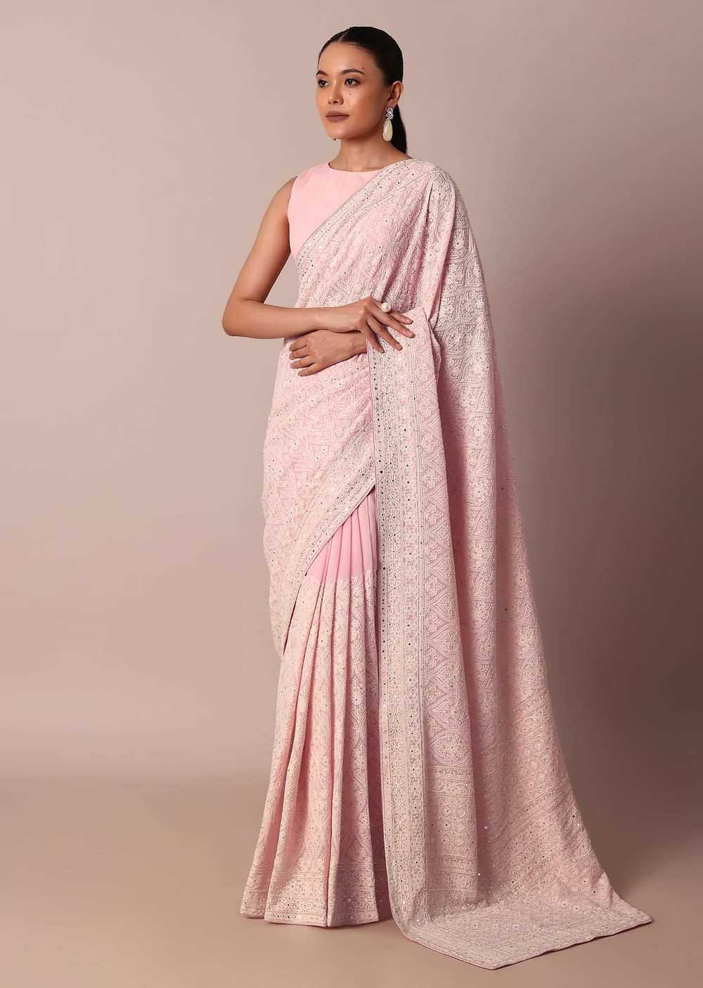 Pink Lucknowi Chikankari Saree With Sequin Embellishments