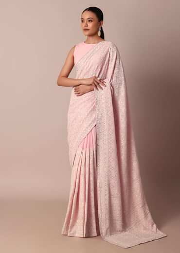 Pink Lucknowi Chikankari Saree With Sequin Embellishments