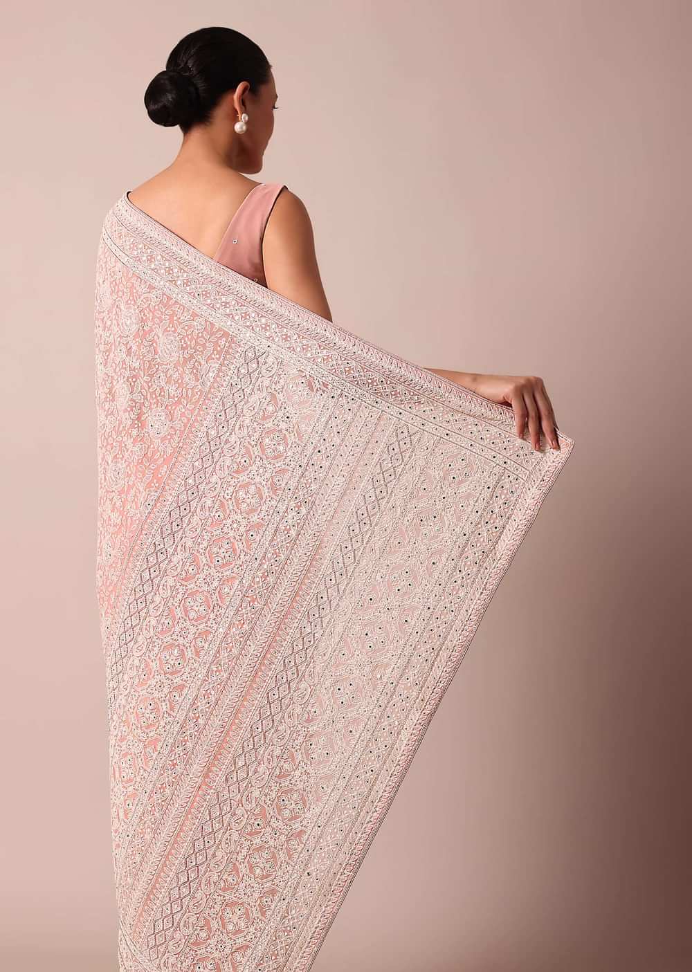 Pink Lucknowi Chikankari Saree With Sequins And Unstitched Blouse Piece