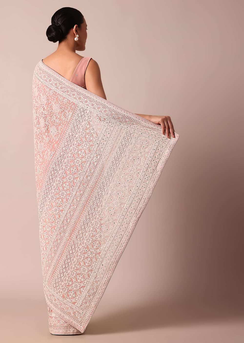 Pink Lucknowi Chikankari Saree With Sequins And Unstitched Blouse Piece