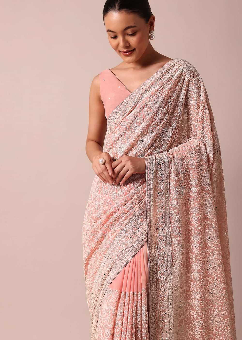 Pink Lucknowi Chikankari Saree With Sequins And Unstitched Blouse Piece
