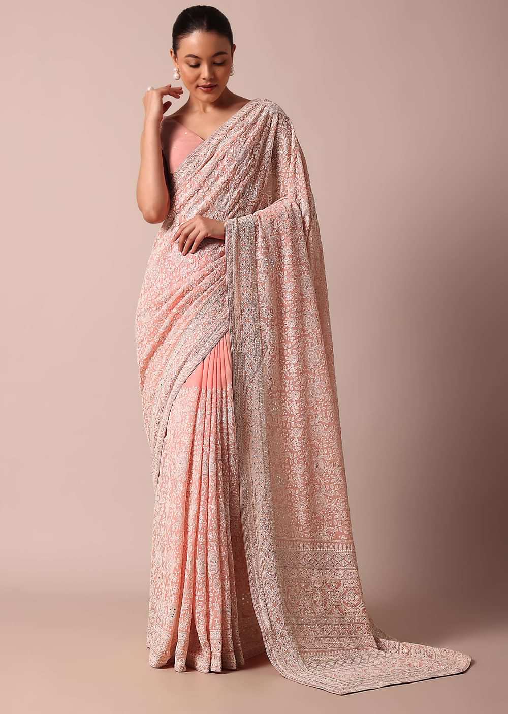 Pink Lucknowi Chikankari Saree With Sequins And Unstitched Blouse Piece