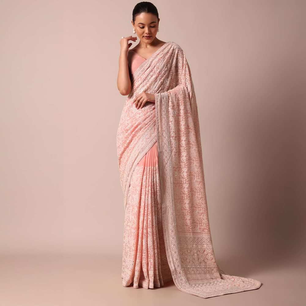 Pink Lucknowi Chikankari Saree With Sequins And Unstitched Blouse Piece