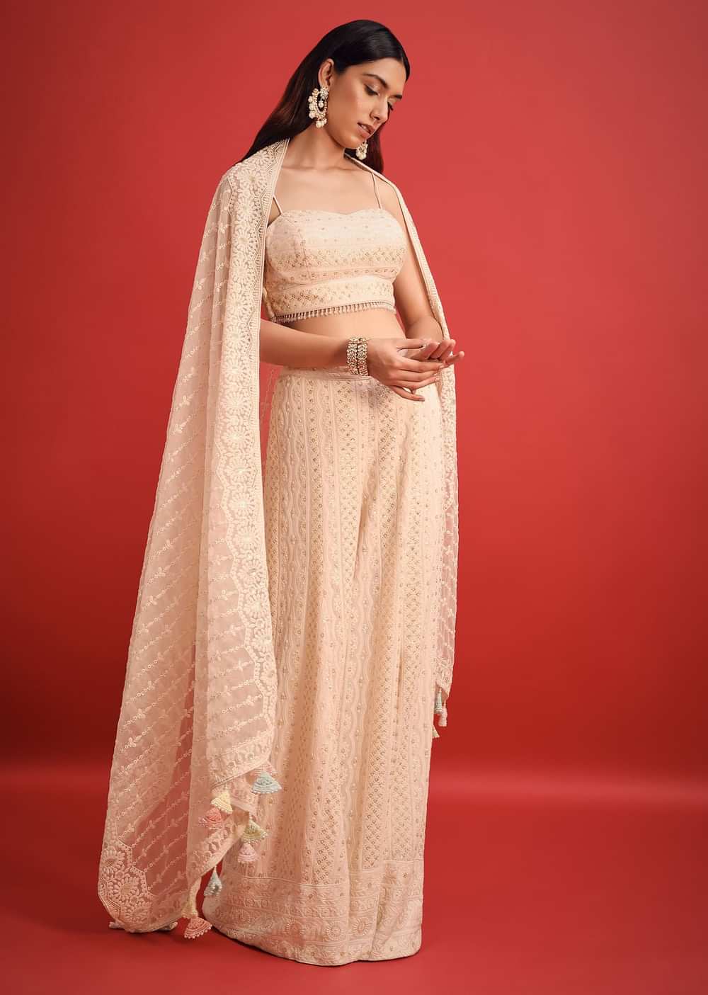 Pink Lucknowi Fusion Palazzo Set With Tassel Detail
