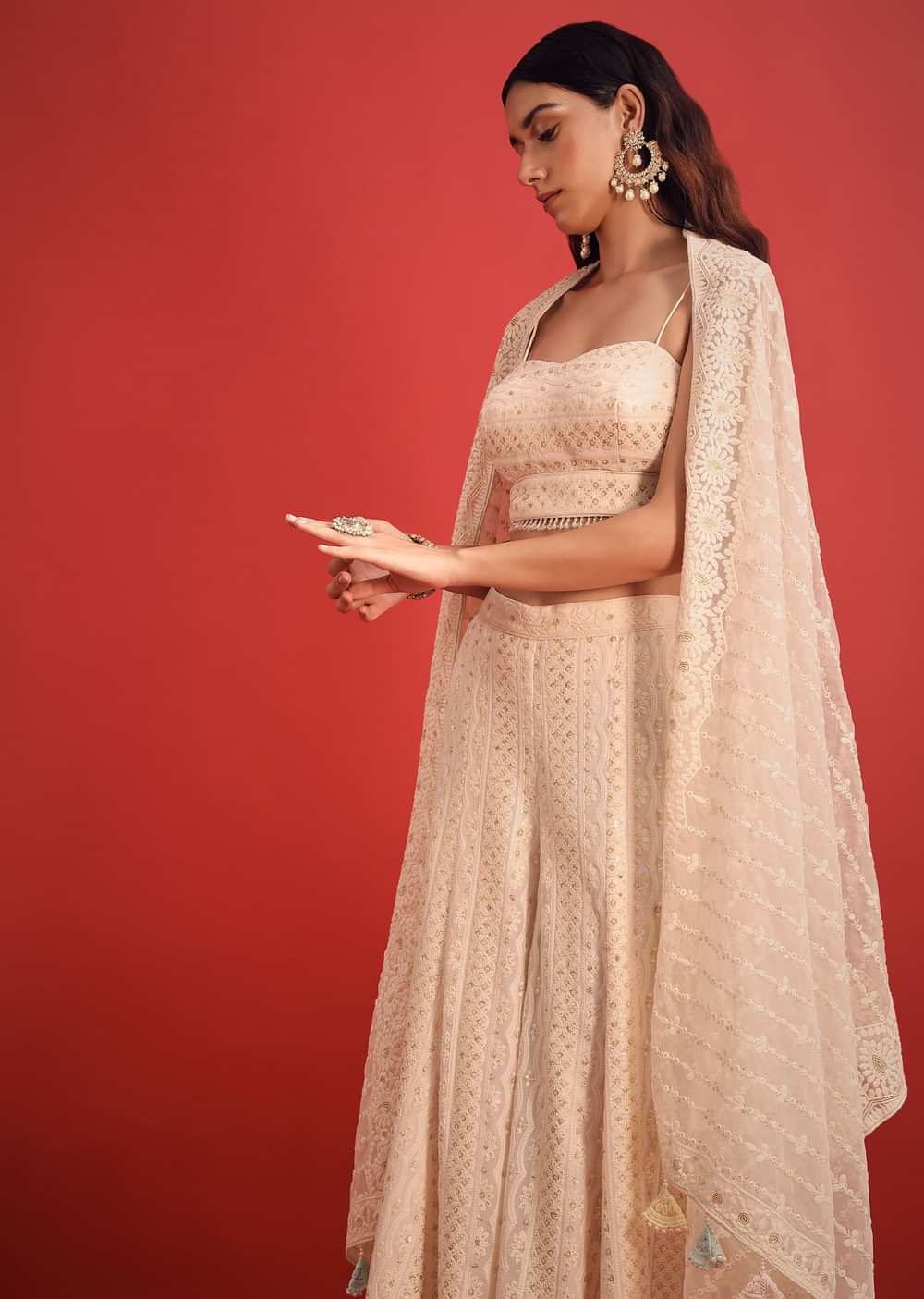 Pink Lucknowi Fusion Palazzo Set With Tassel Detail