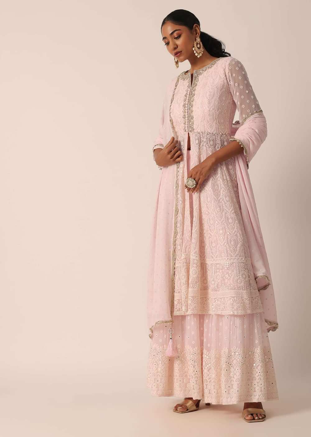 Pink Lucknowi Kurta Sharara Set With Foil Work