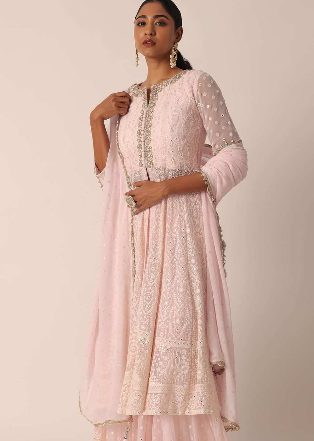 Pink Lucknowi Kurta Sharara Set With Foil Work