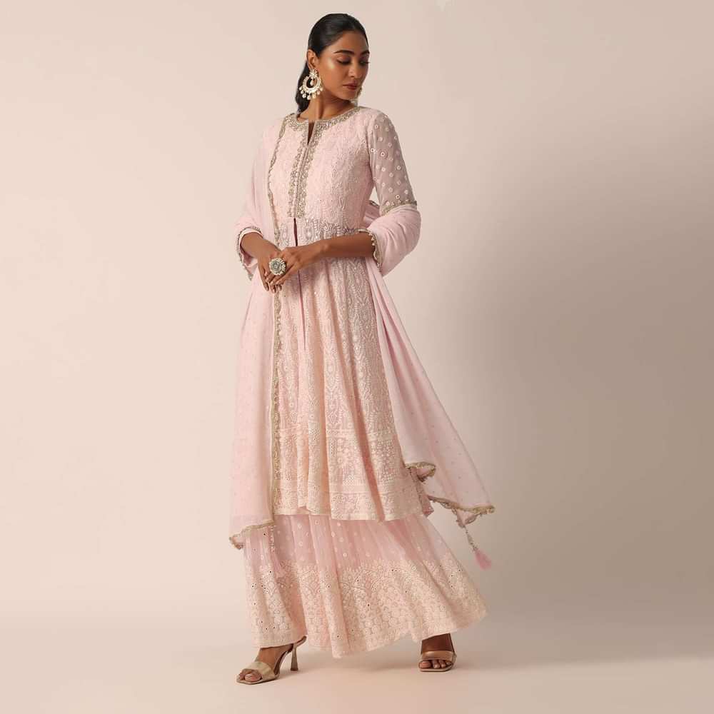 Pink Lucknowi Kurta Sharara Set With Foil Work