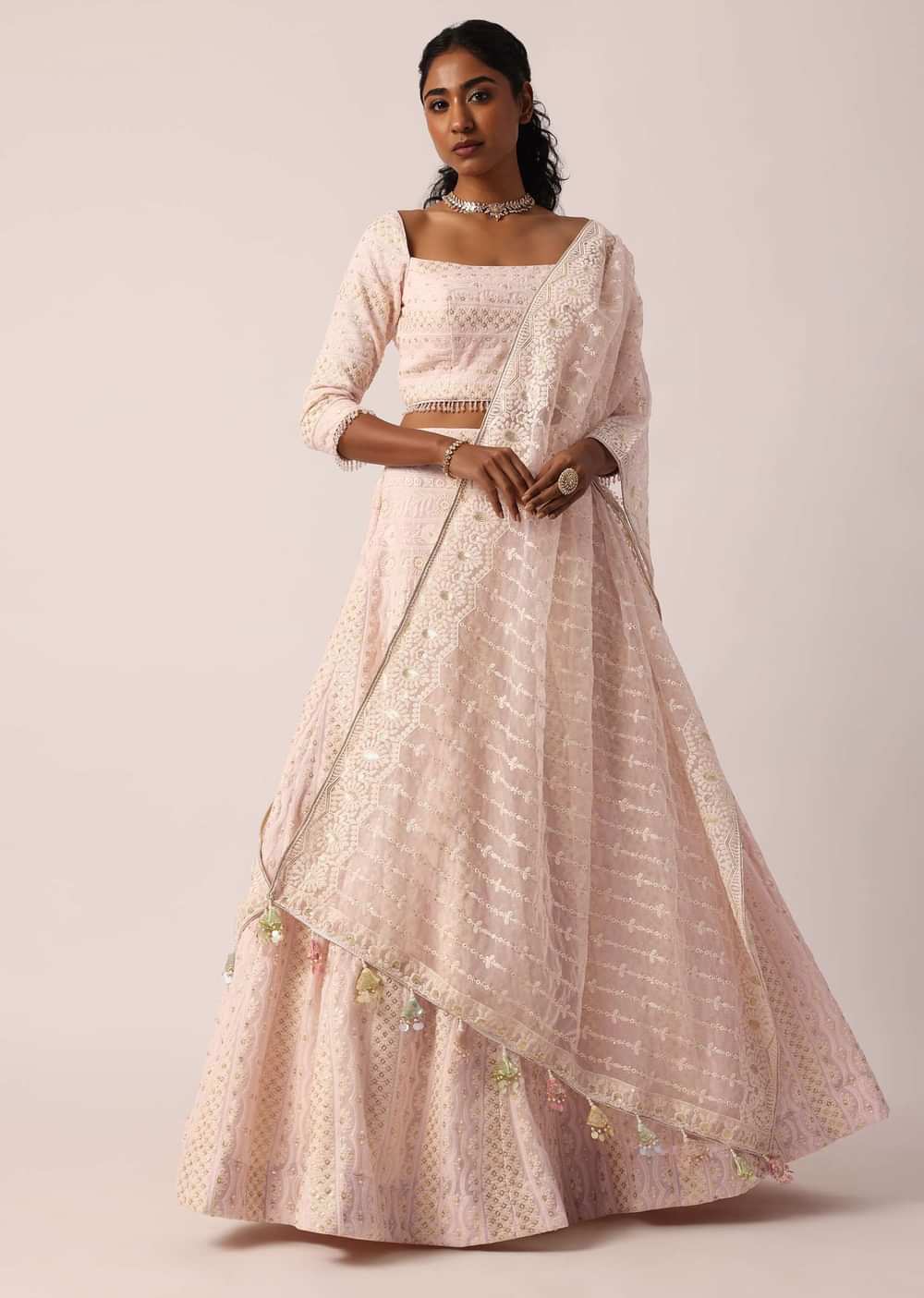 Pink Lucknowi Lehenga Set With Organza Dupatta