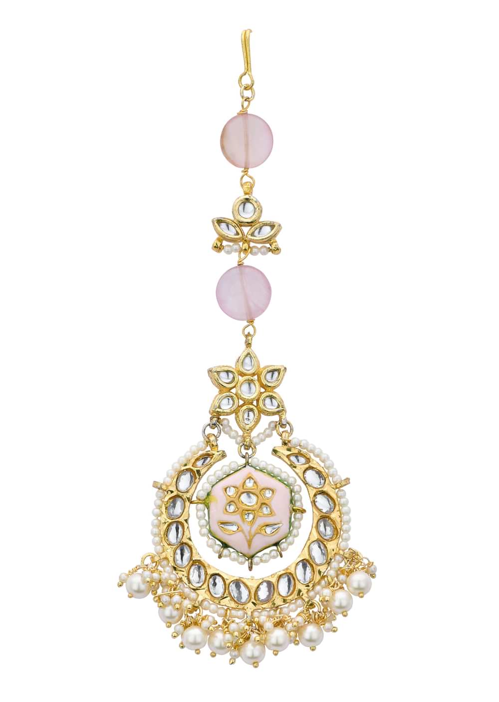 Pink Maangtikka With Pearl Drops And Meenakari Motif