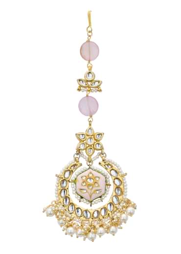 Pink Maangtikka With Pearl Drops And Meenakari Motif Pink Maangtikka With Pearl Drops And Meenakari Motif