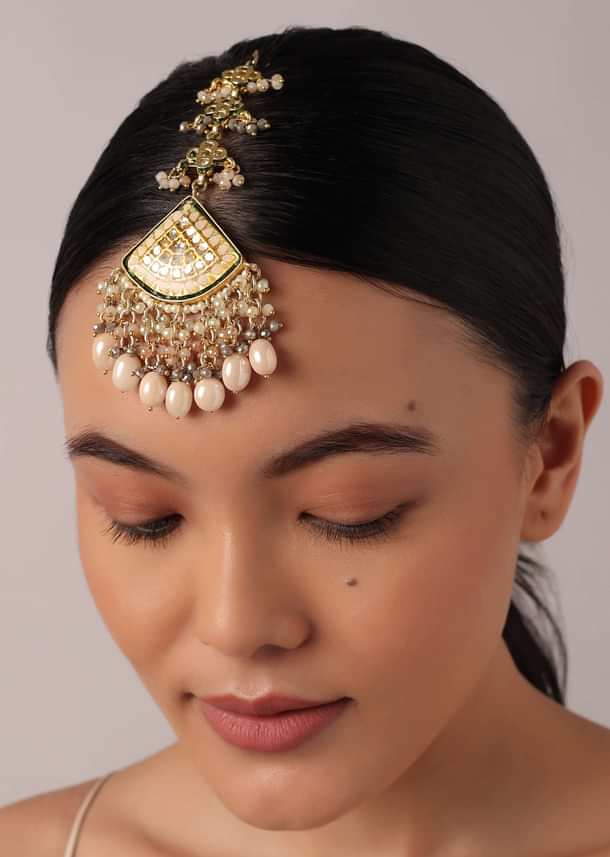 Pink Meenakari Maangtikka With Off White Bead Drops Pink Meenakari Maangtikka With Off White Bead Drops