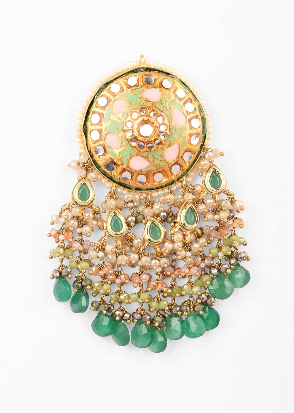 Pink Minakari Jhumkas With Dangling Green Drops And Pastel Beads