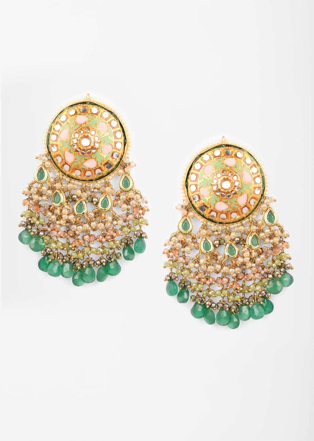 Pink Minakari Jhumkas With Dangling Green Drops And Pastel Beads