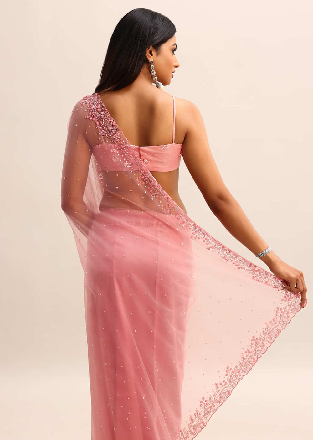 Pink Net Embroidered Saree With Unstitched Blouse