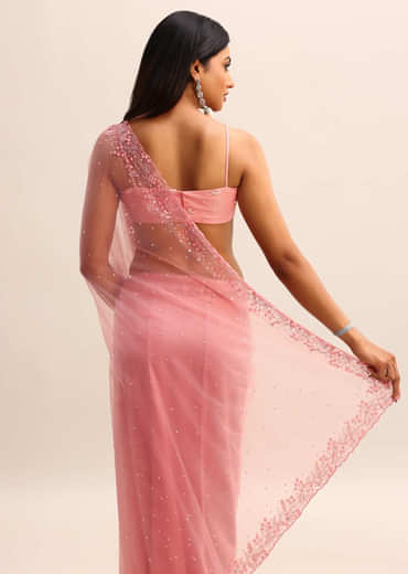 Pink Net Embroidered Saree With Unstitched Blouse
