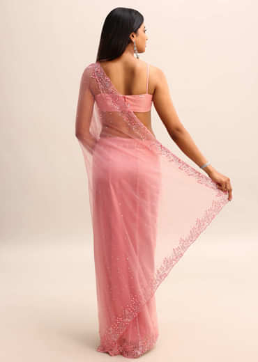 Pink Net Embroidered Saree With Unstitched Blouse
