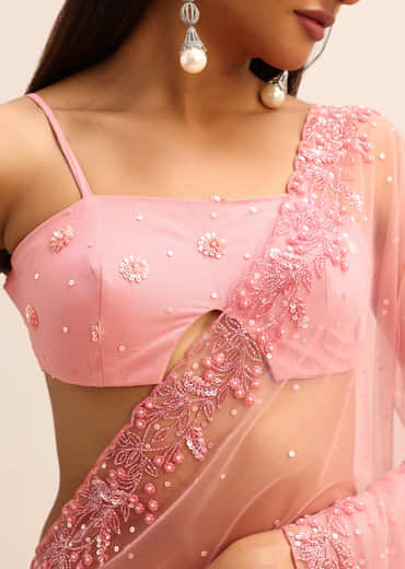Pink Net Embroidered Saree With Unstitched Blouse