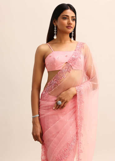 Pink Net Embroidered Saree With Unstitched Blouse