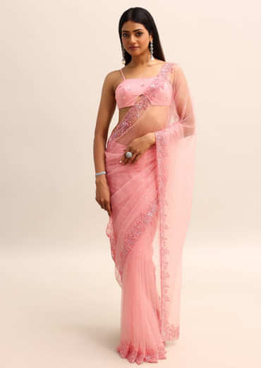 Pink Net Embroidered Saree With Unstitched Blouse