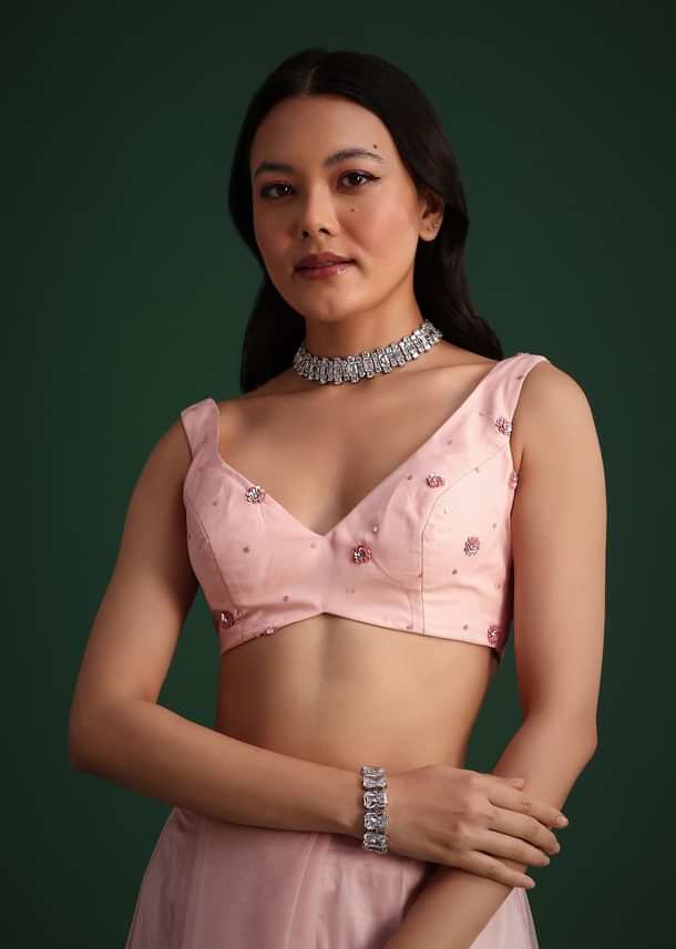 Peach Net Saree With Cutdana And Sequin Embroidery