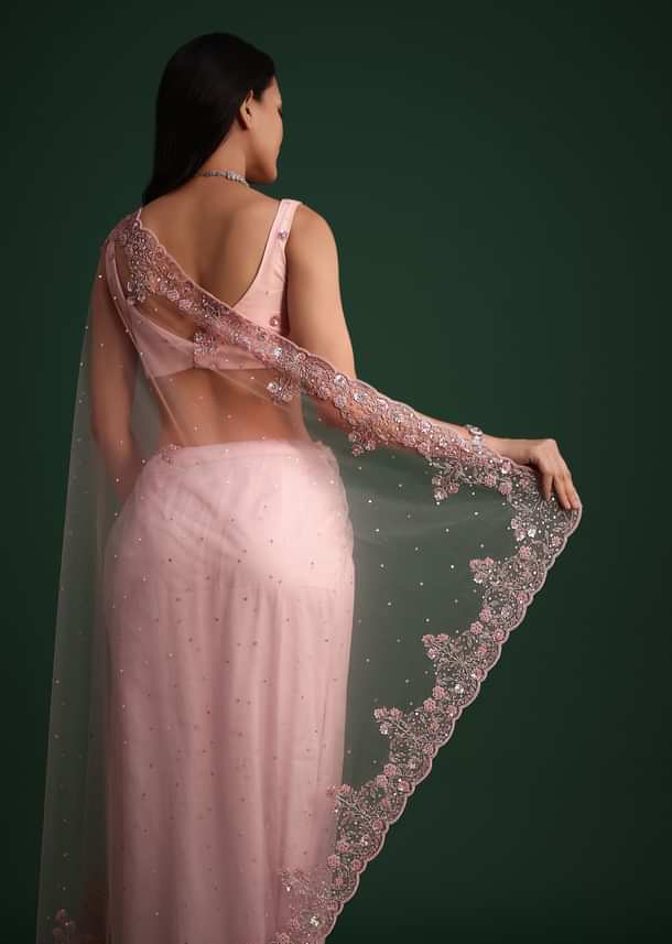 Peach Net Saree With Cutdana And Sequin Embroidery