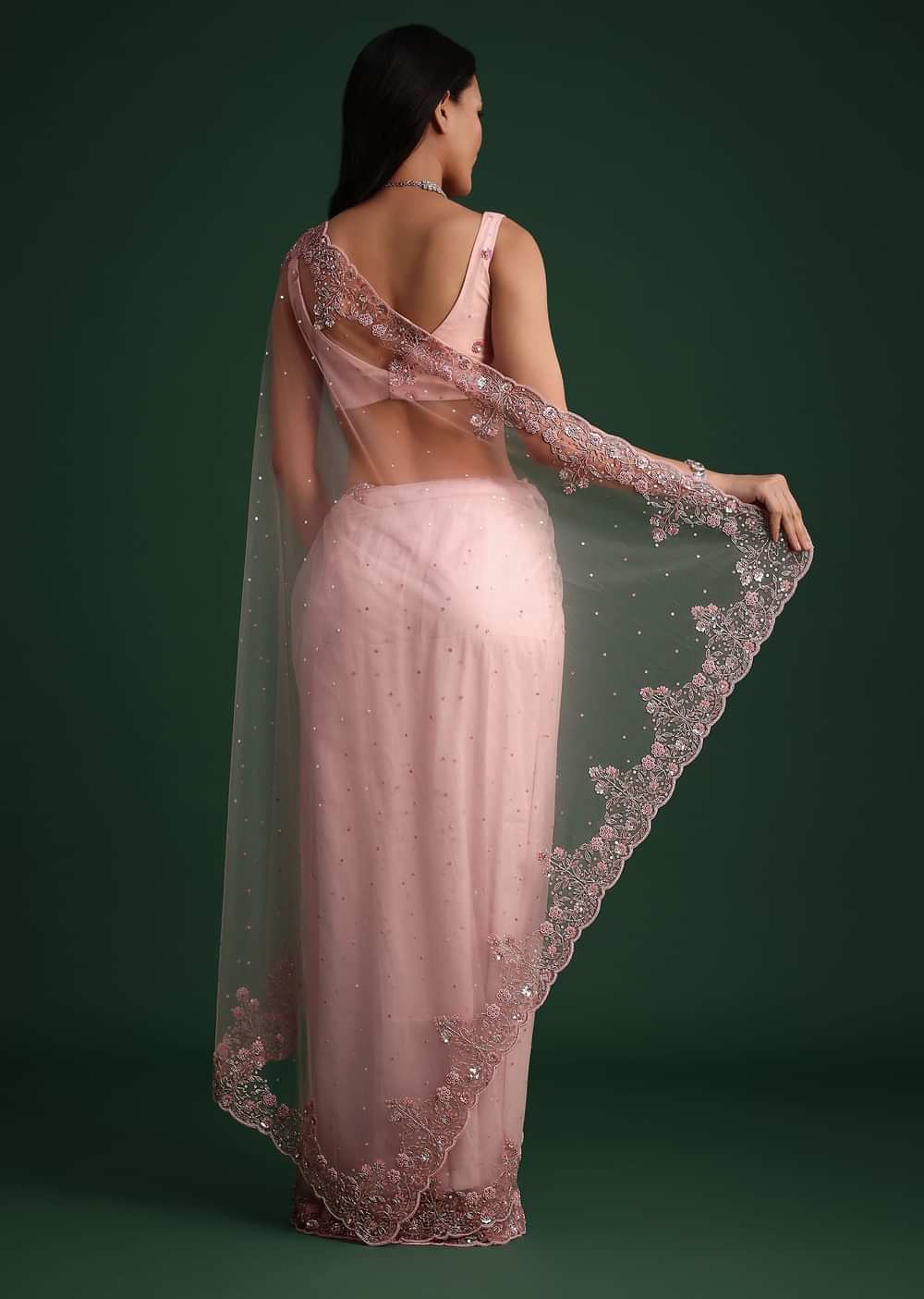 Peach Net Saree With Cutdana And Sequin Embroidery