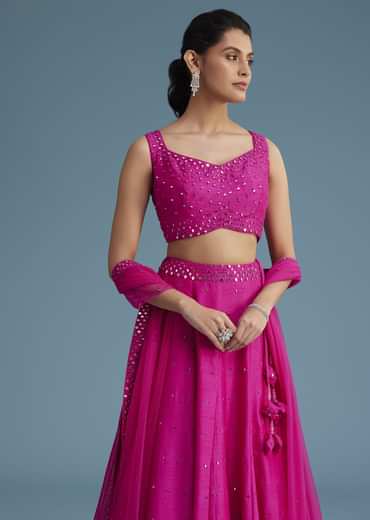 Pink Nysa Silk Lehenga Set With Mirror Work