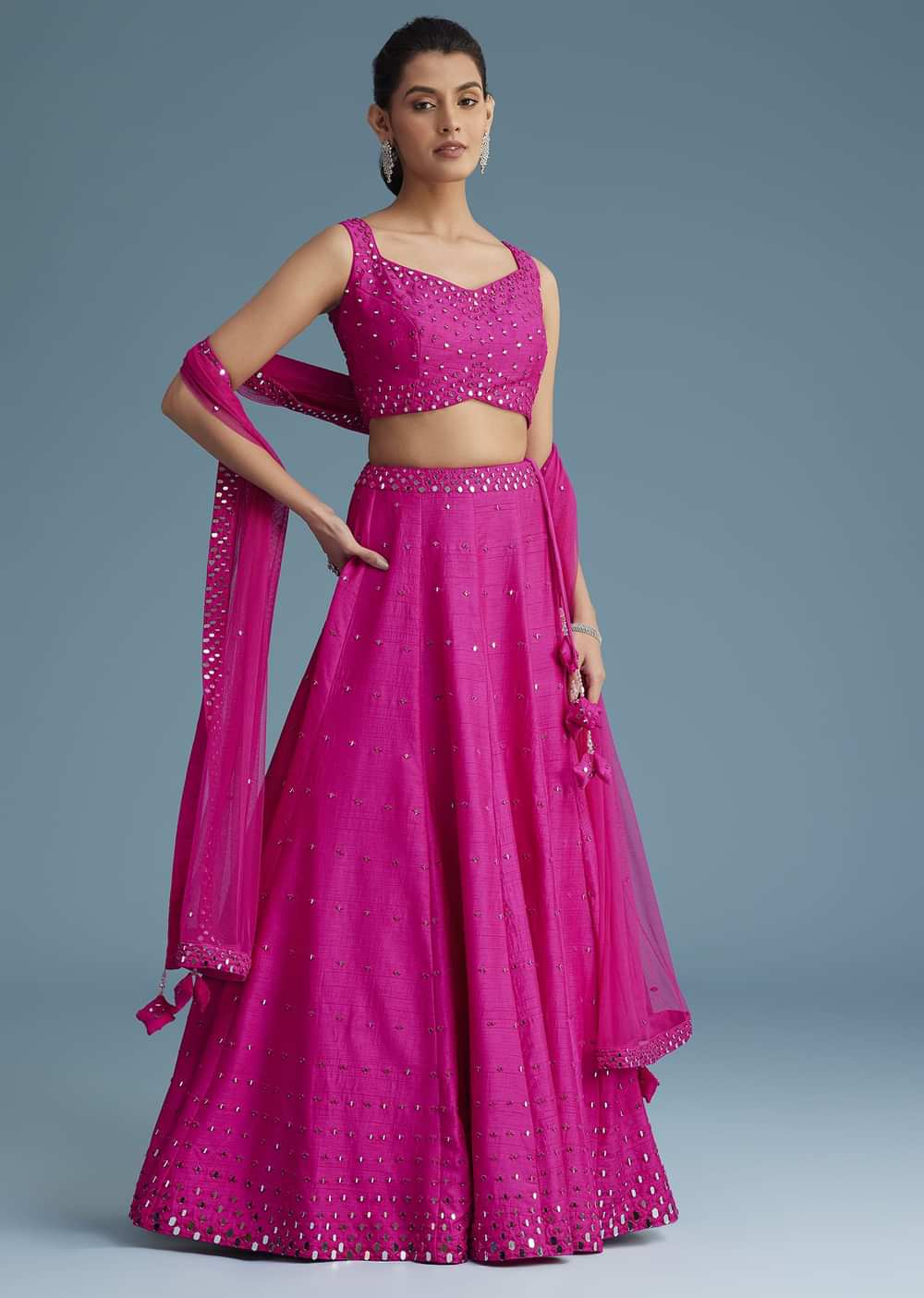 Pink Nysa Silk Lehenga Set With Mirror Work