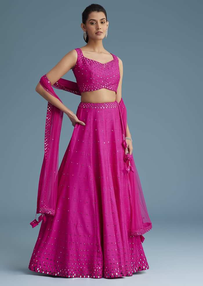 Pink Nysa Silk Lehenga Set With Mirror Work