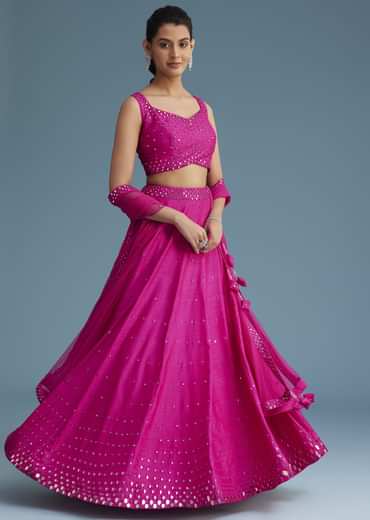 Pink Nysa Silk Lehenga Set With Mirror Work