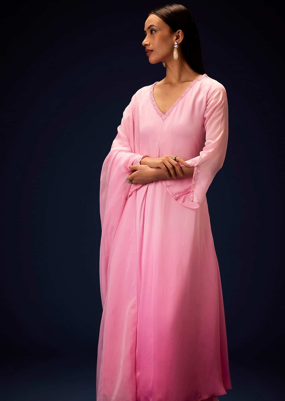 Pink Ombre Bell Sleeved Kurta With Palazzo And Dupatta
