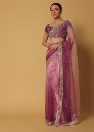 Pink Ombre Glass Organza Saree With Sequin Work Pallu And Unstitched Blouse Fabric