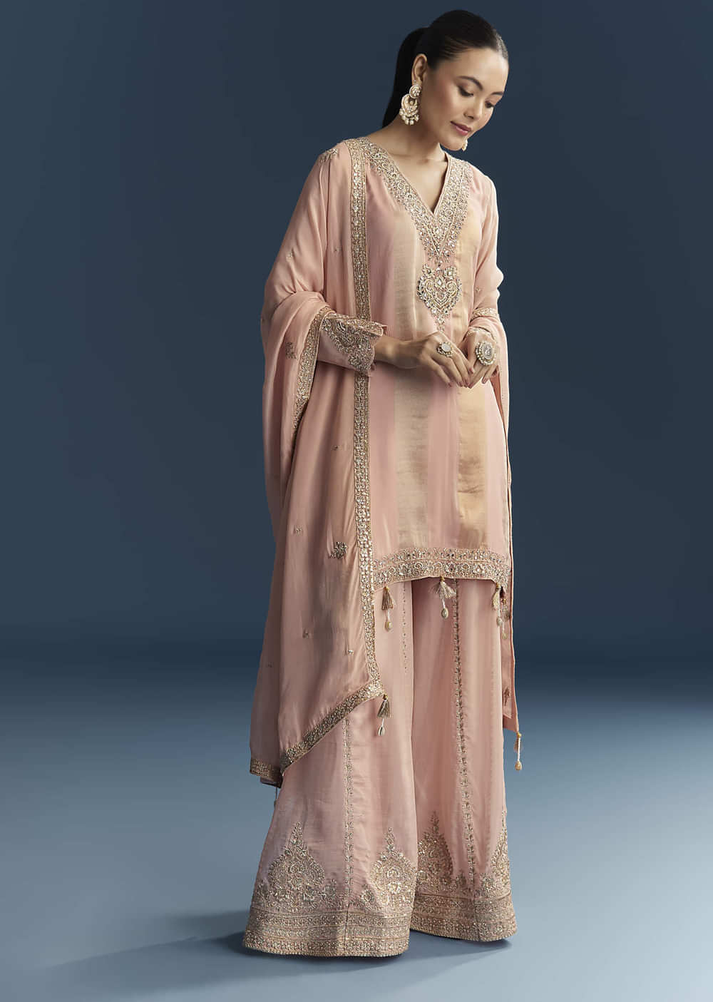 Pink Organza Palazzo Suit With Zari And Mirror Embroidery