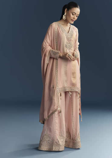 Pink Organza Palazzo Suit With Zari And Mirror Embroidery