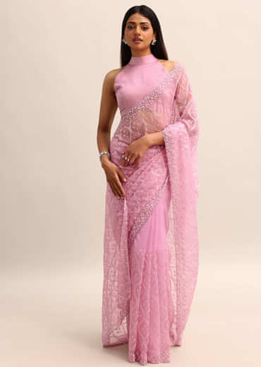 Pink Organza Saree With Embellished Scallop Border And Unstitched Blouse