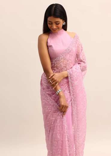 Pink Organza Saree With Embellished Scallop Border And Unstitched Blouse